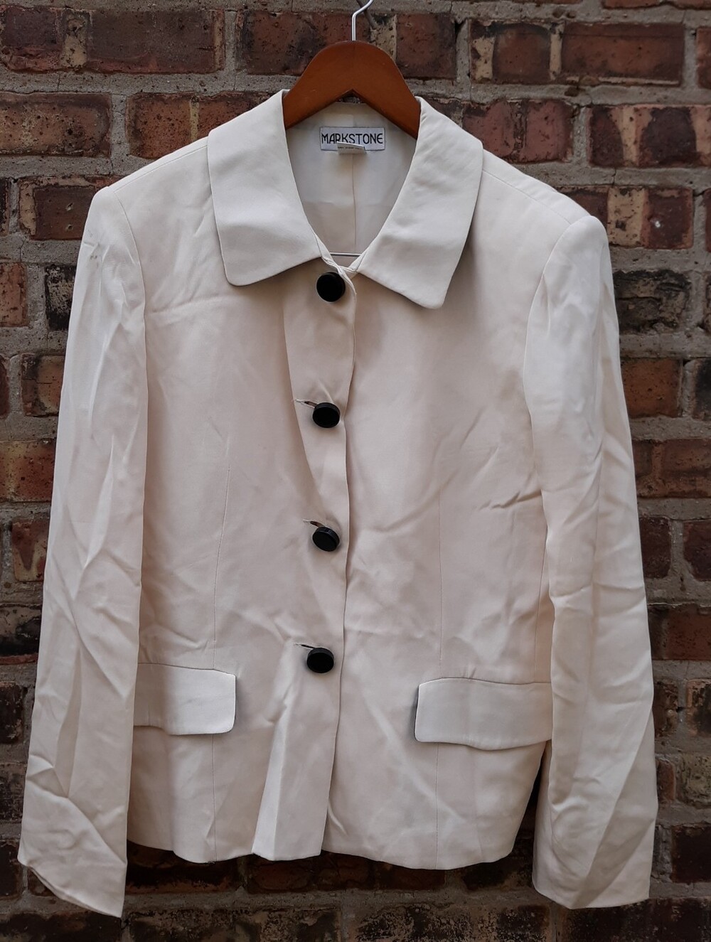 Markstone Vintage 100% Silk Blazer Jacket Cream Contrast Buttond Cream 12 L